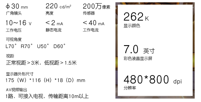 可视猫眼的手艺参数——７英寸彩色液晶显示屏，可接入电视，清晰区分率